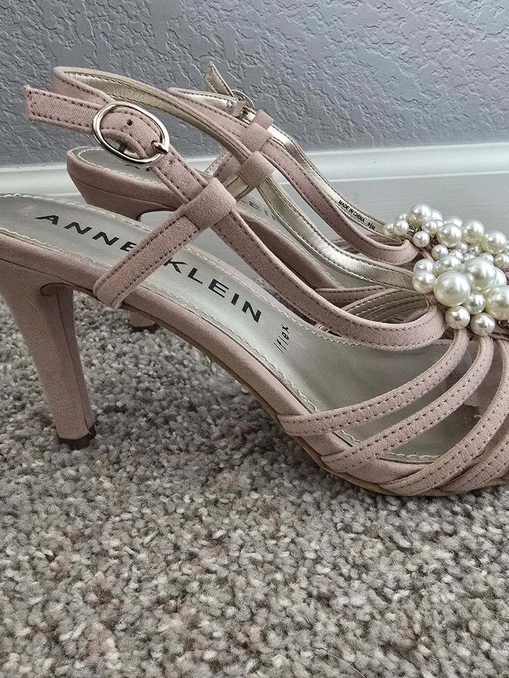 Anne Klein Blush Pink Pearl-Cluster Strappy Heels